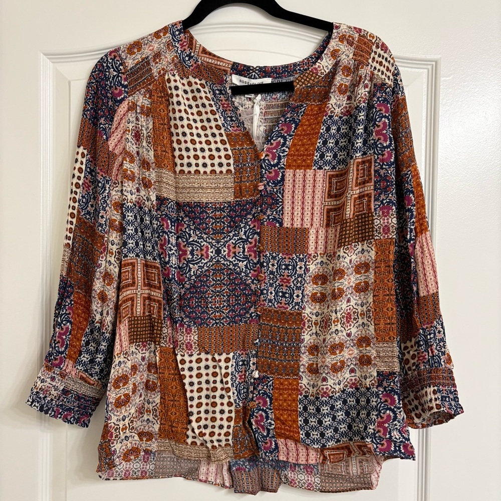 Rose + Olive Patchwork Print Boho Blouse - Multic… - image 1